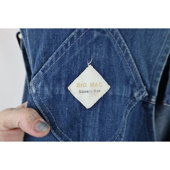 Vintage 60s 70s Big Mac Mens 30x32 Distressed Square Bak Denim Overalls Bibs USA